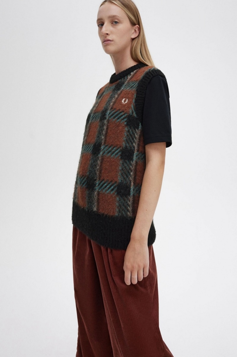 Fred Perry Glitch Tartan Knitted Women's Tanks Brown | MLS-348120