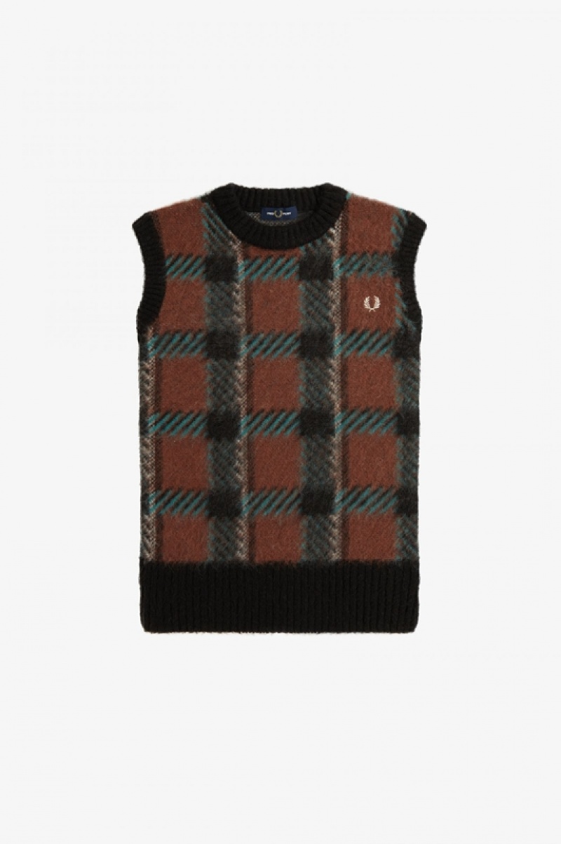 Fred Perry Glitch Tartan Knitted Women's Tanks Brown | MLS-348120