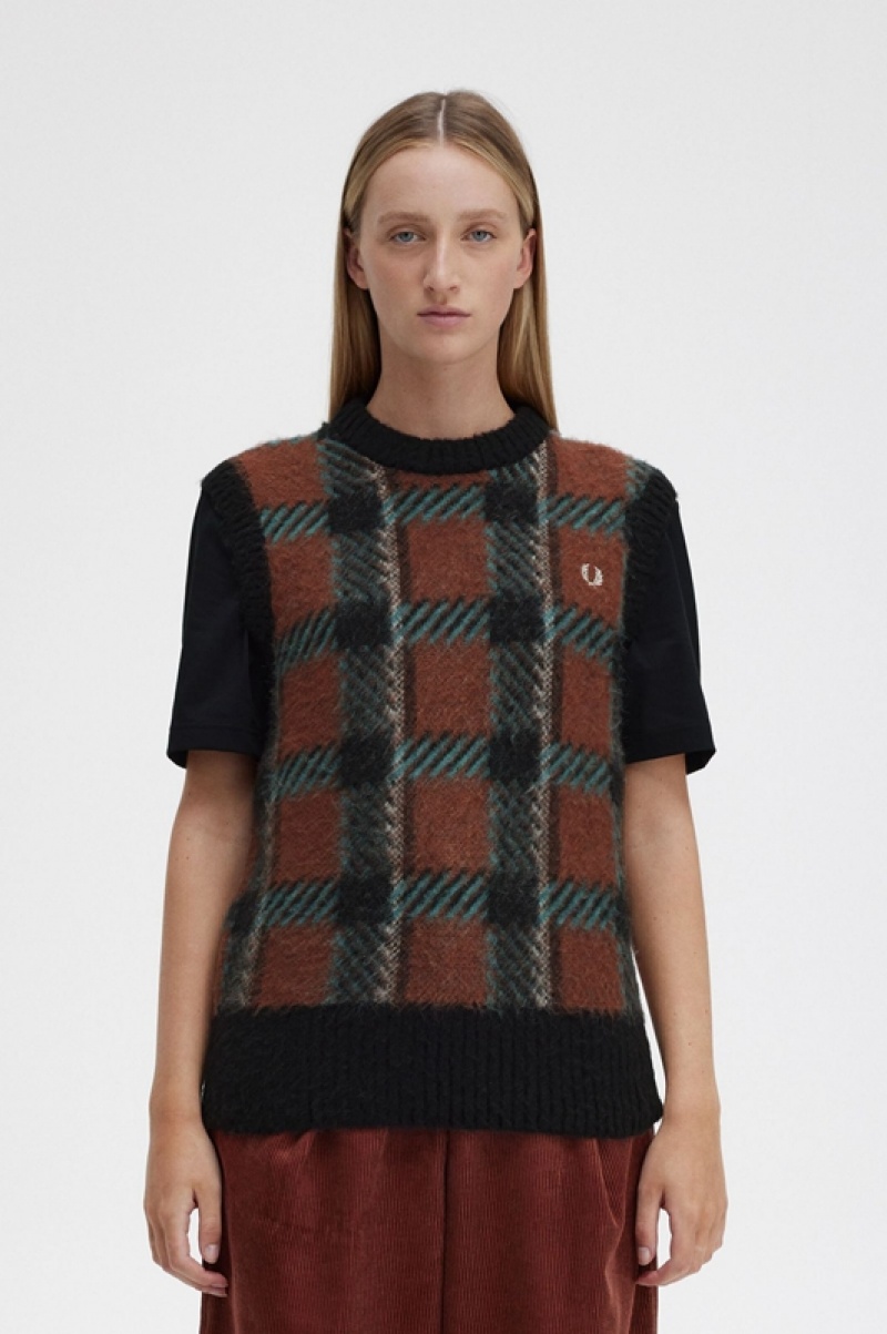 Fred Perry Glitch Tartan Knitted Women\'s Tanks Brown | MLS-348120