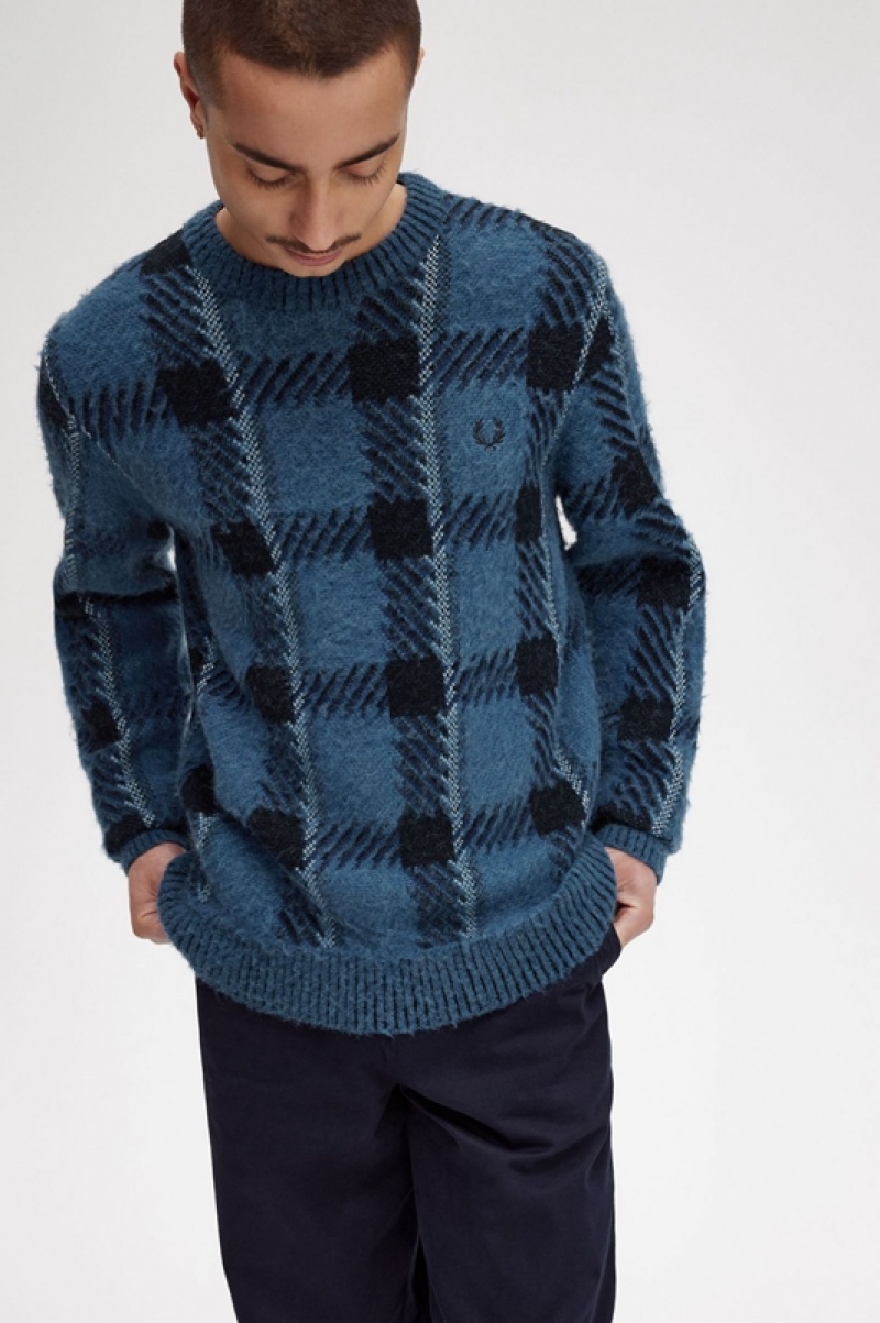 Fred Perry Glitch Tartan Men's Sweaters Blue | WSG-482037