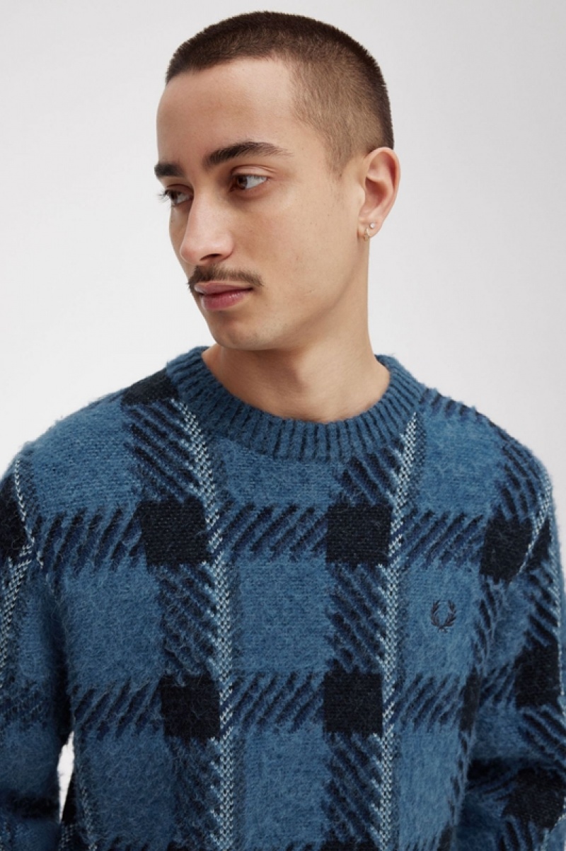 Fred Perry Glitch Tartan Men's Sweaters Blue | WSG-482037