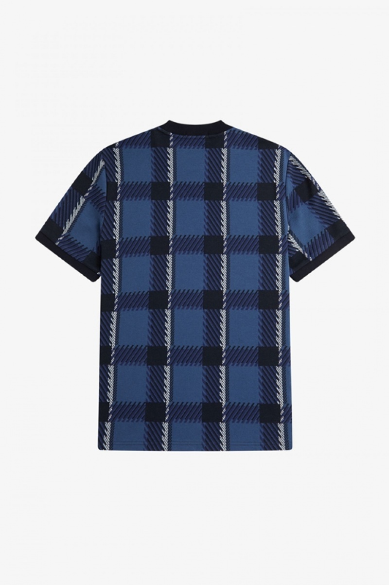 Fred Perry Glitch Tartan Men's T Shirts Blue | SIZ-498503