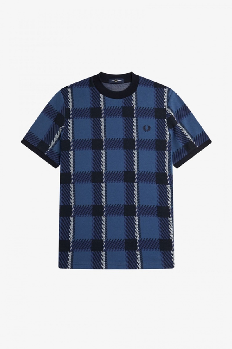 Fred Perry Glitch Tartan Men\'s T Shirts Blue | SIZ-498503