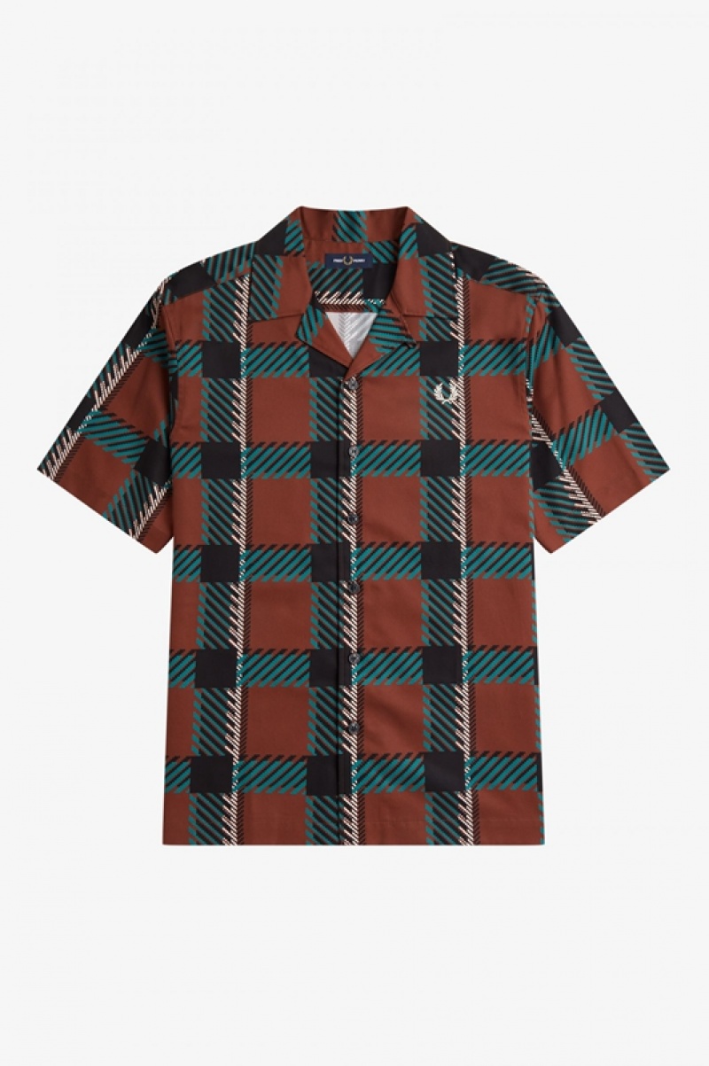 Fred Perry Glitch Tartan Revere Collar Men's Shirts Brown | MFB-754638