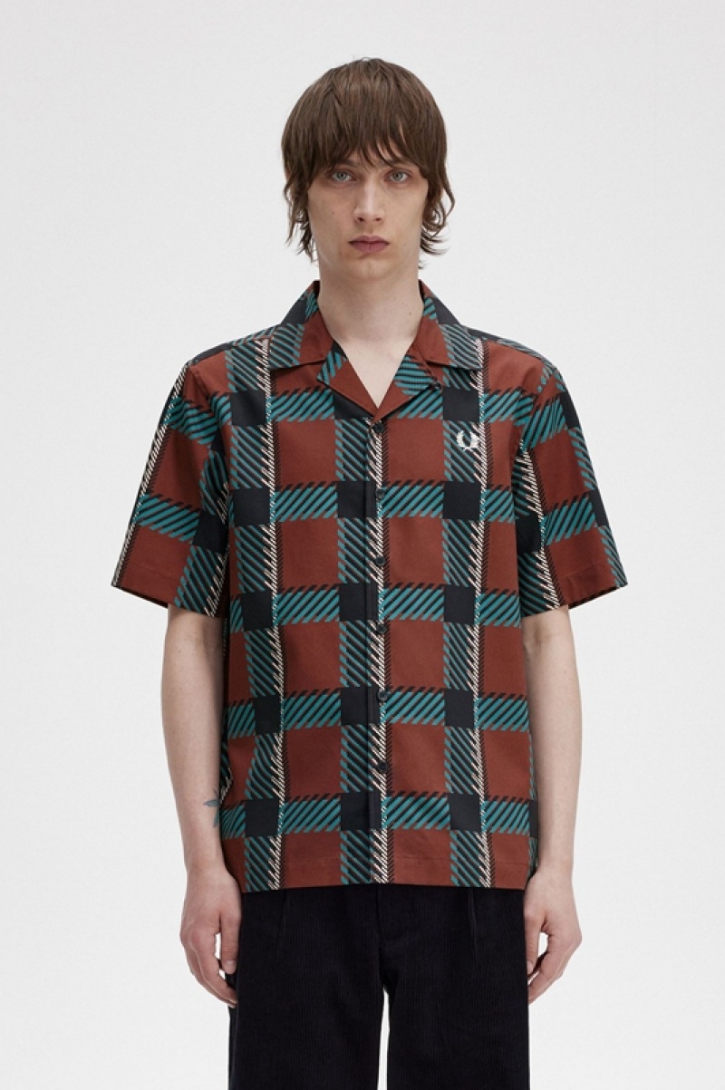 Fred Perry Glitch Tartan Revere Collar Men\'s Shirts Brown | MFB-754638