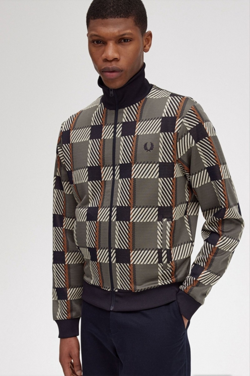 Fred Perry Glitch Tartan Track Men's Jackets Green | AQO-463879