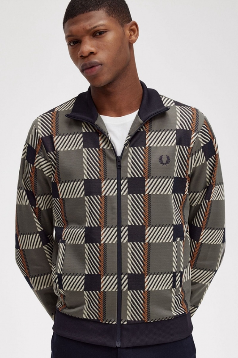 Fred Perry Glitch Tartan Track Men's Jackets Green | AQO-463879