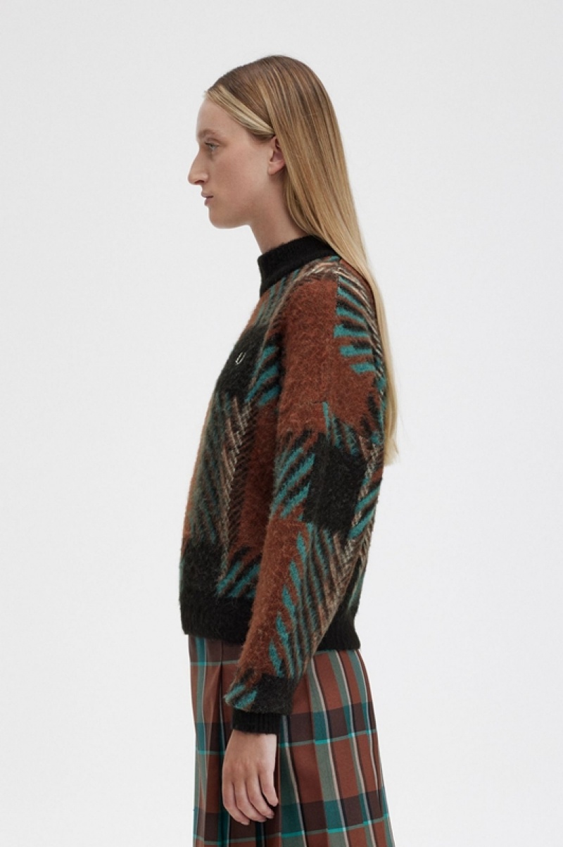 Fred Perry Glitch Tartan Women's Sweaters Brown | HLP-520148