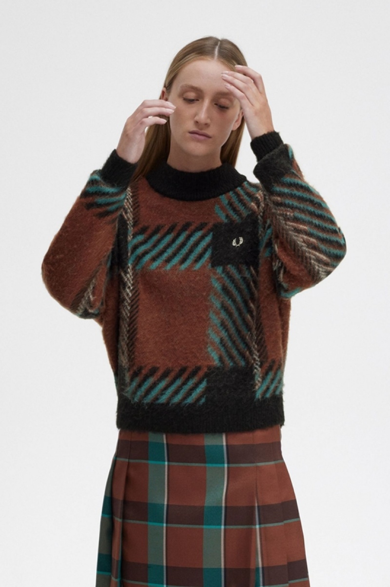 Fred Perry Glitch Tartan Women's Sweaters Brown | HLP-520148