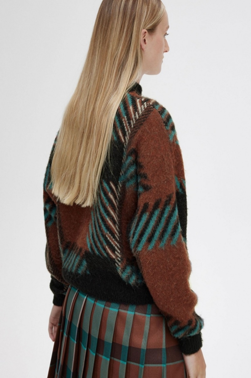 Fred Perry Glitch Tartan Women's Sweaters Brown | HLP-520148