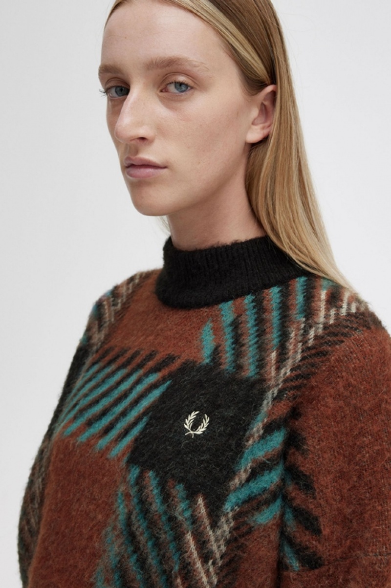 Fred Perry Glitch Tartan Women's Sweaters Brown | HLP-520148