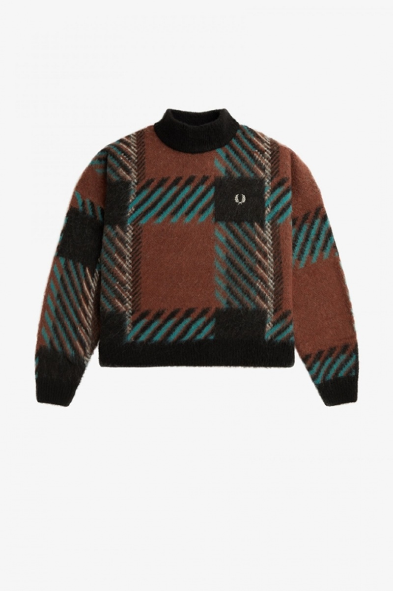 Fred Perry Glitch Tartan Women's Sweaters Brown | HLP-520148