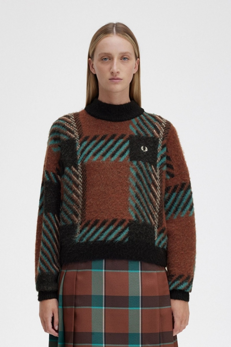 Fred Perry Glitch Tartan Women\'s Sweaters Brown | HLP-520148