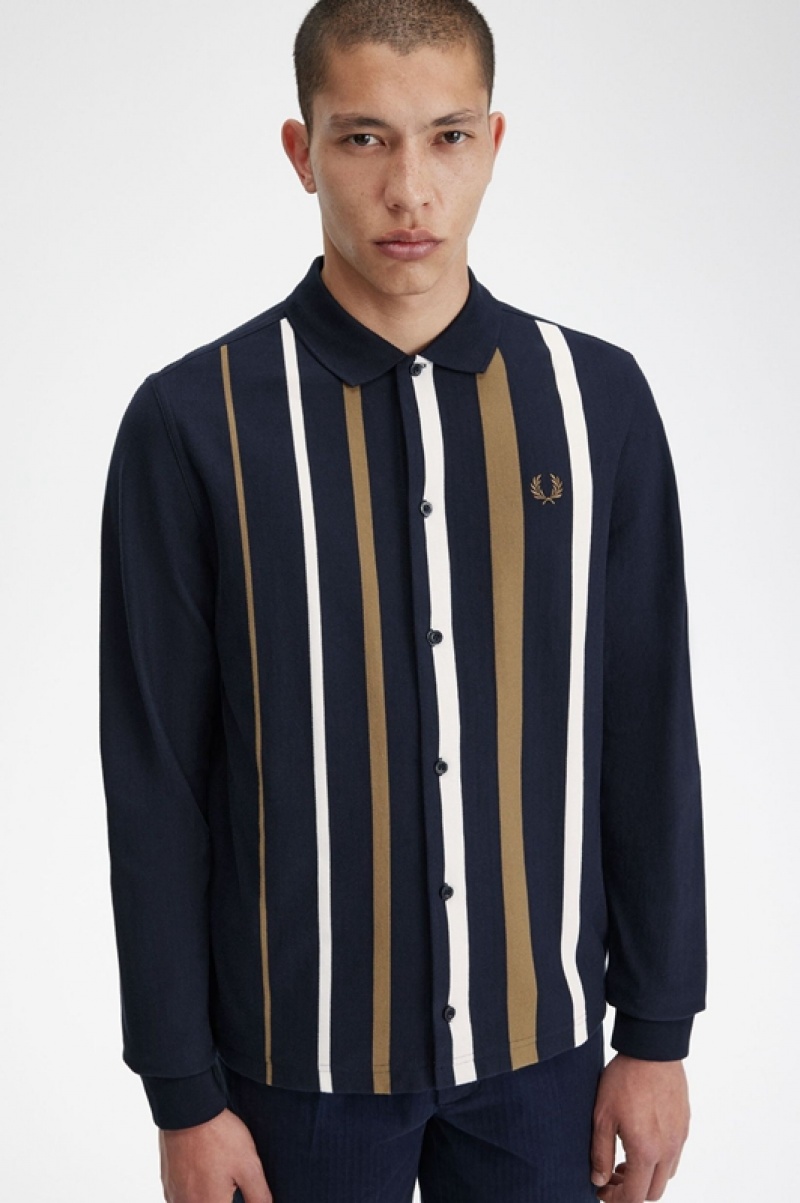 Fred Perry Gradient Stripe Long Sleeve Men's Polo Shirts Navy | YSL-493278