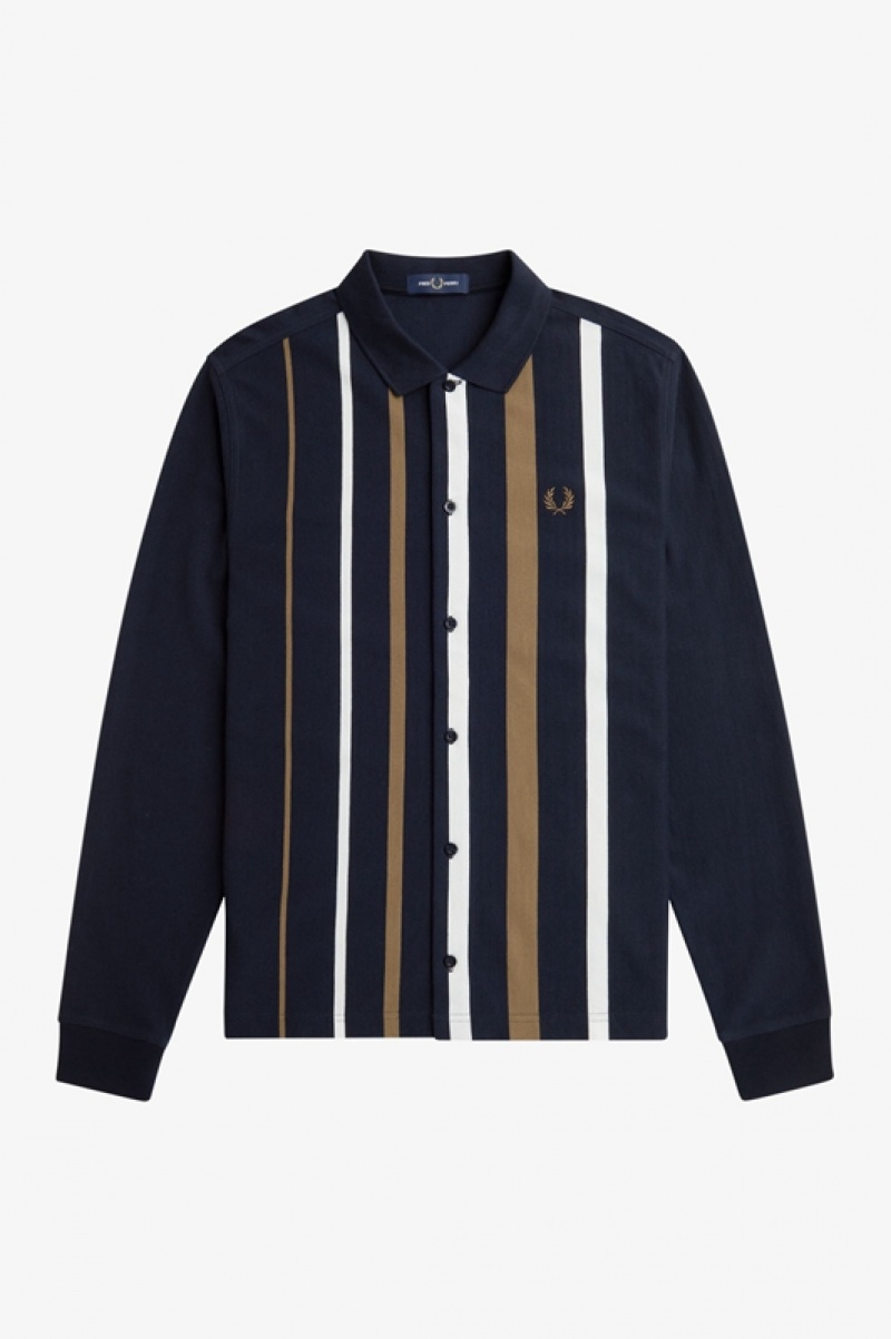 Fred Perry Gradient Stripe Long Sleeve Men's Polo Shirts Navy | YSL-493278