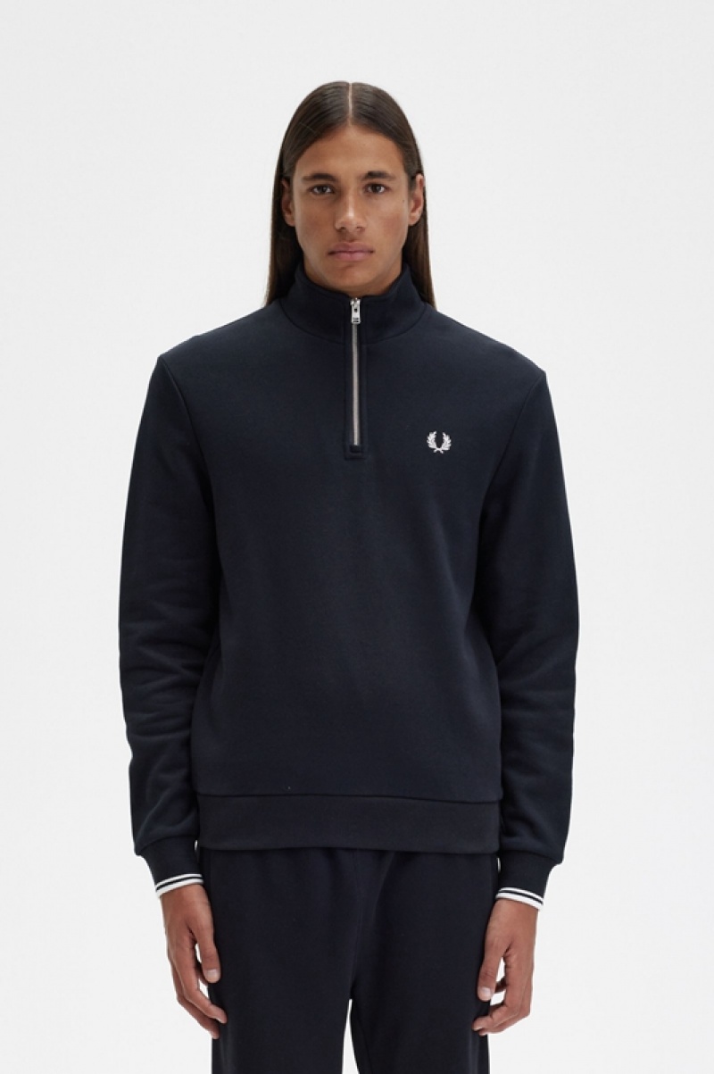 Fred Perry Half Zip Men\'s Sweatshirts Black | ZYP-943168