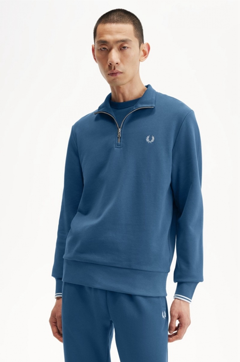 Fred Perry Half Zip Men's Sweatshirts Blue | BHM-968714