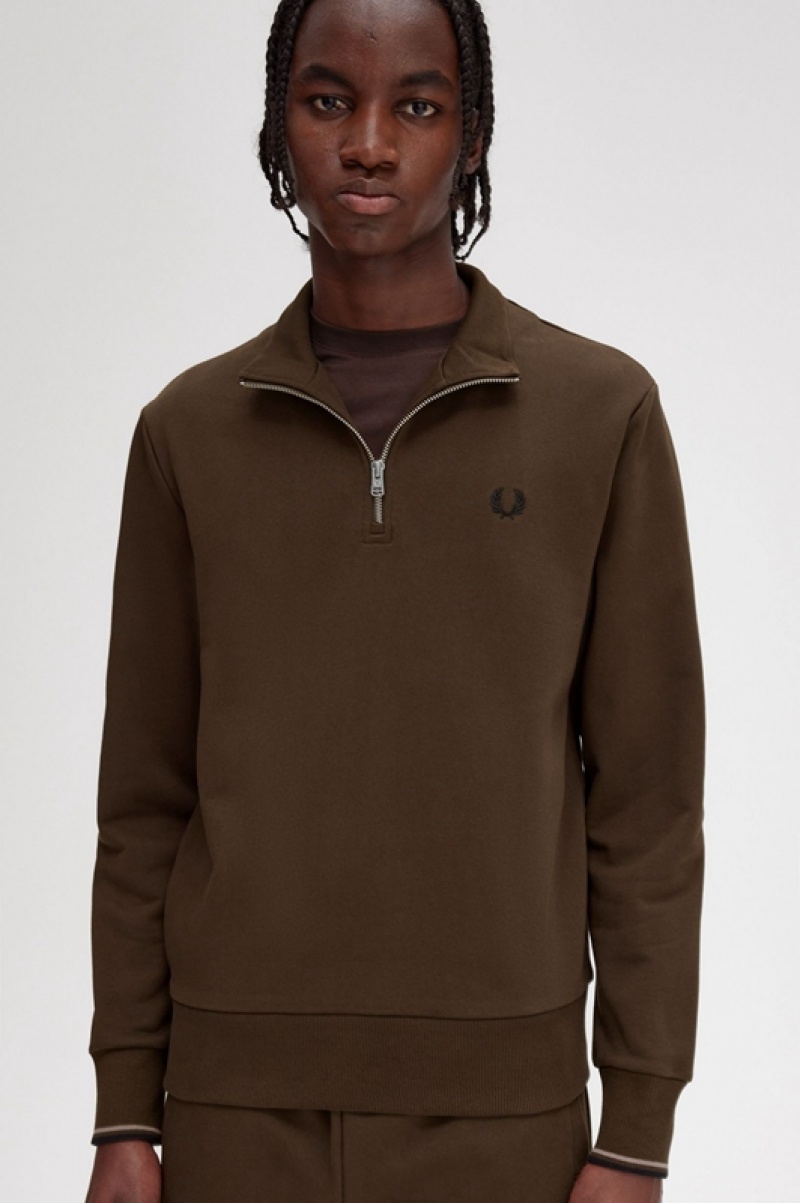 Fred Perry Half Zip Men's Sweatshirts Brown | VBN-120734