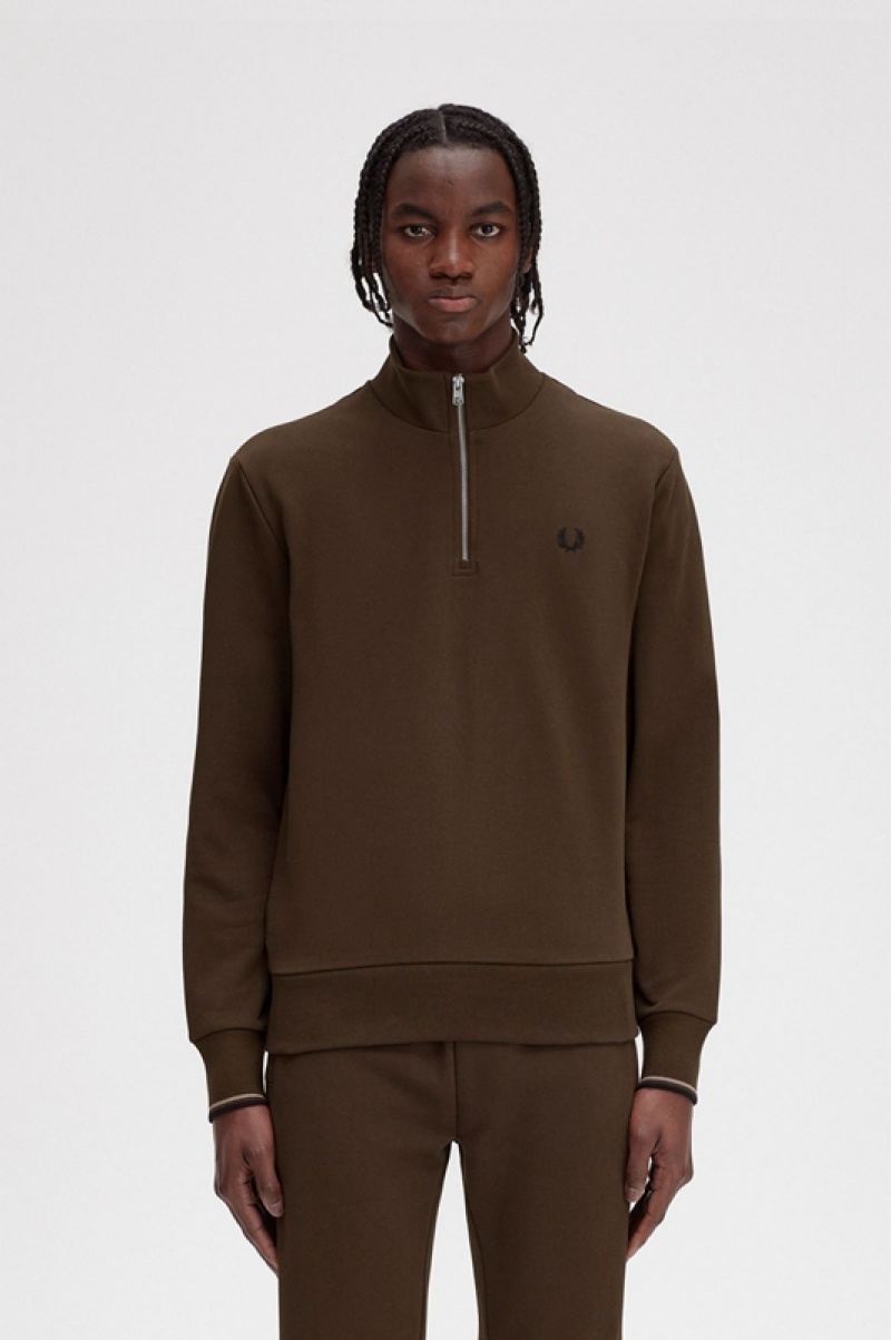 Fred Perry Half Zip Men\'s Sweatshirts Brown | VBN-120734