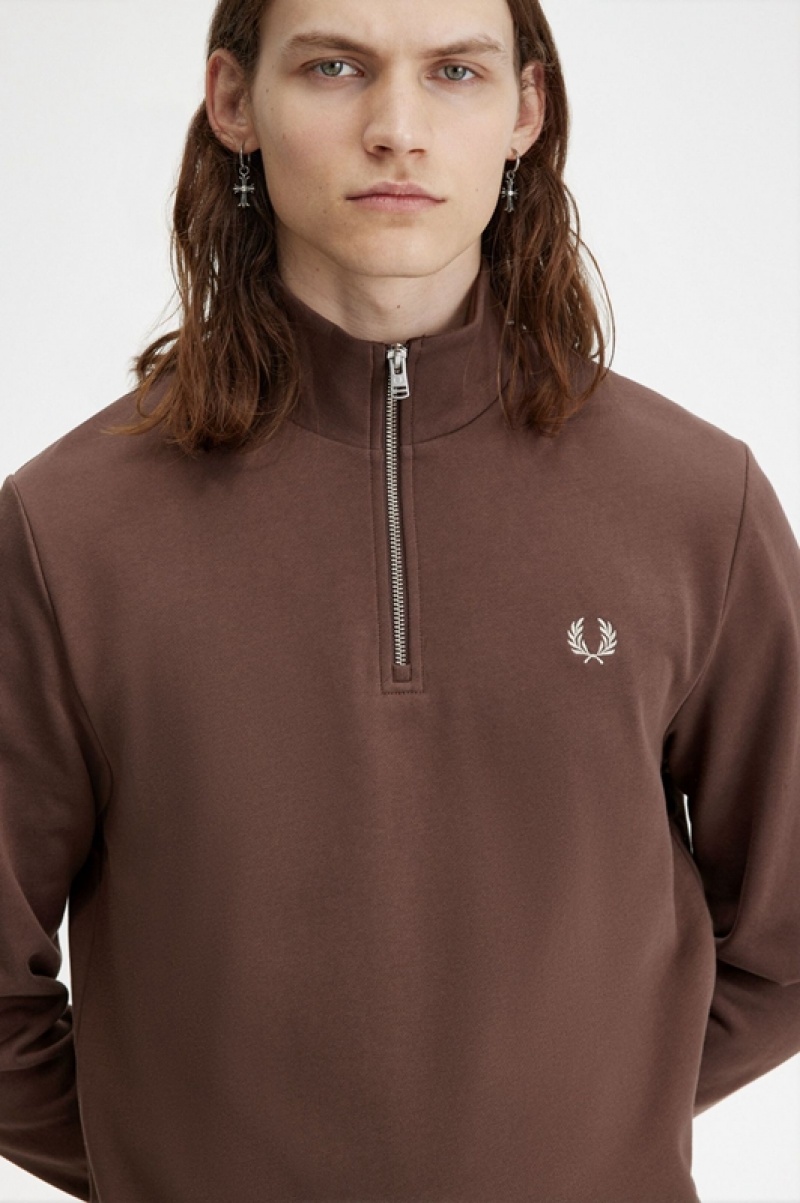 Fred Perry Half Zip Men's Sweatshirts Chocolate | BWJ-051963