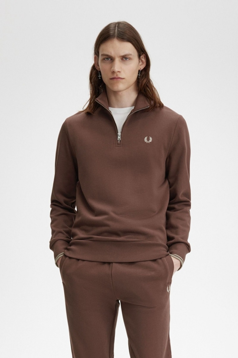 Fred Perry Half Zip Men's Sweatshirts Chocolate | BWJ-051963