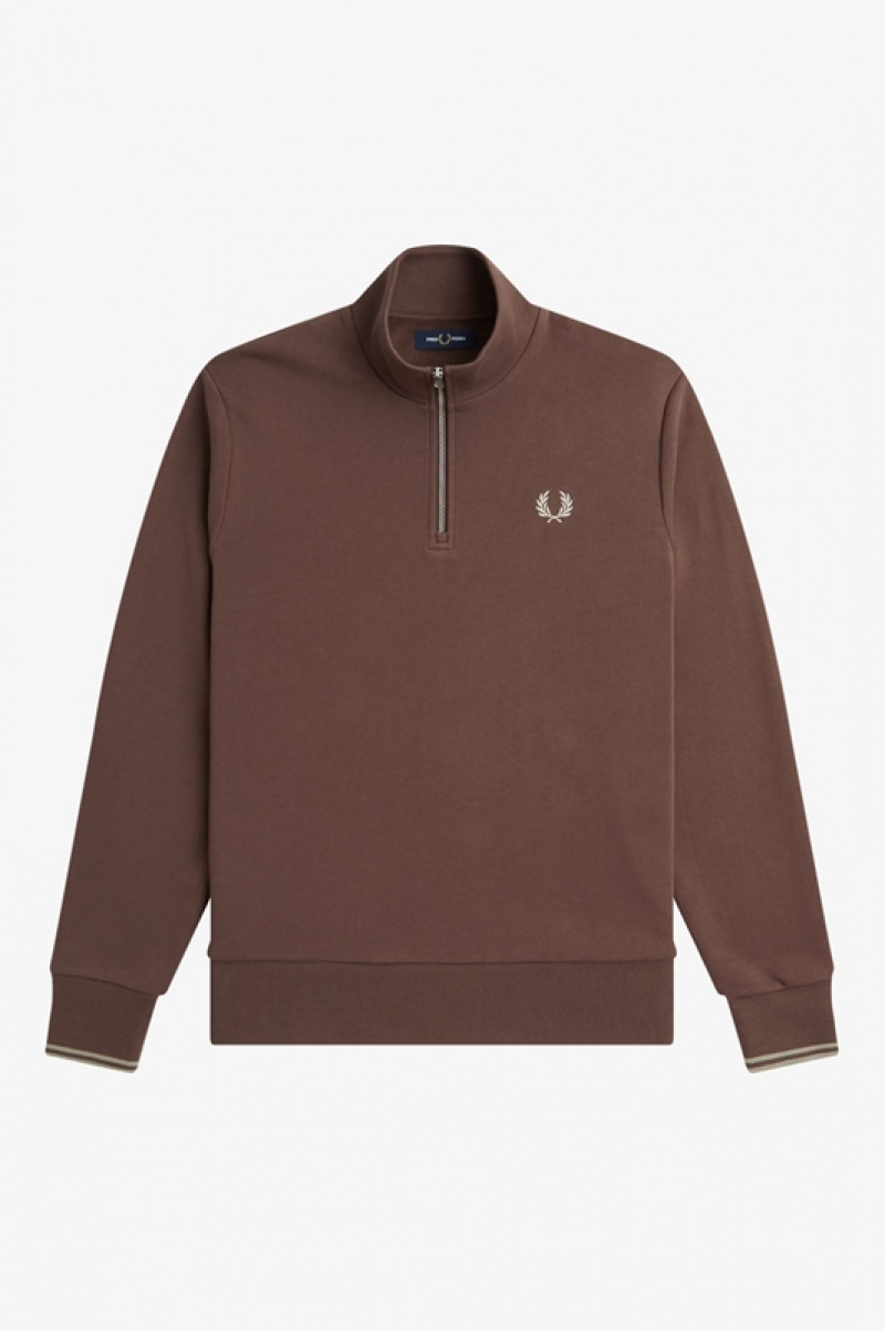 Fred Perry Half Zip Men's Sweatshirts Chocolate | BWJ-051963