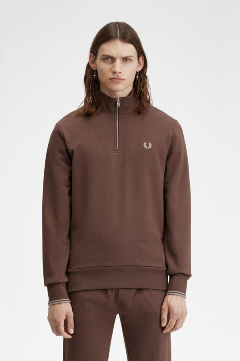 Fred Perry Half Zip Men\'s Sweatshirts Chocolate | BWJ-051963