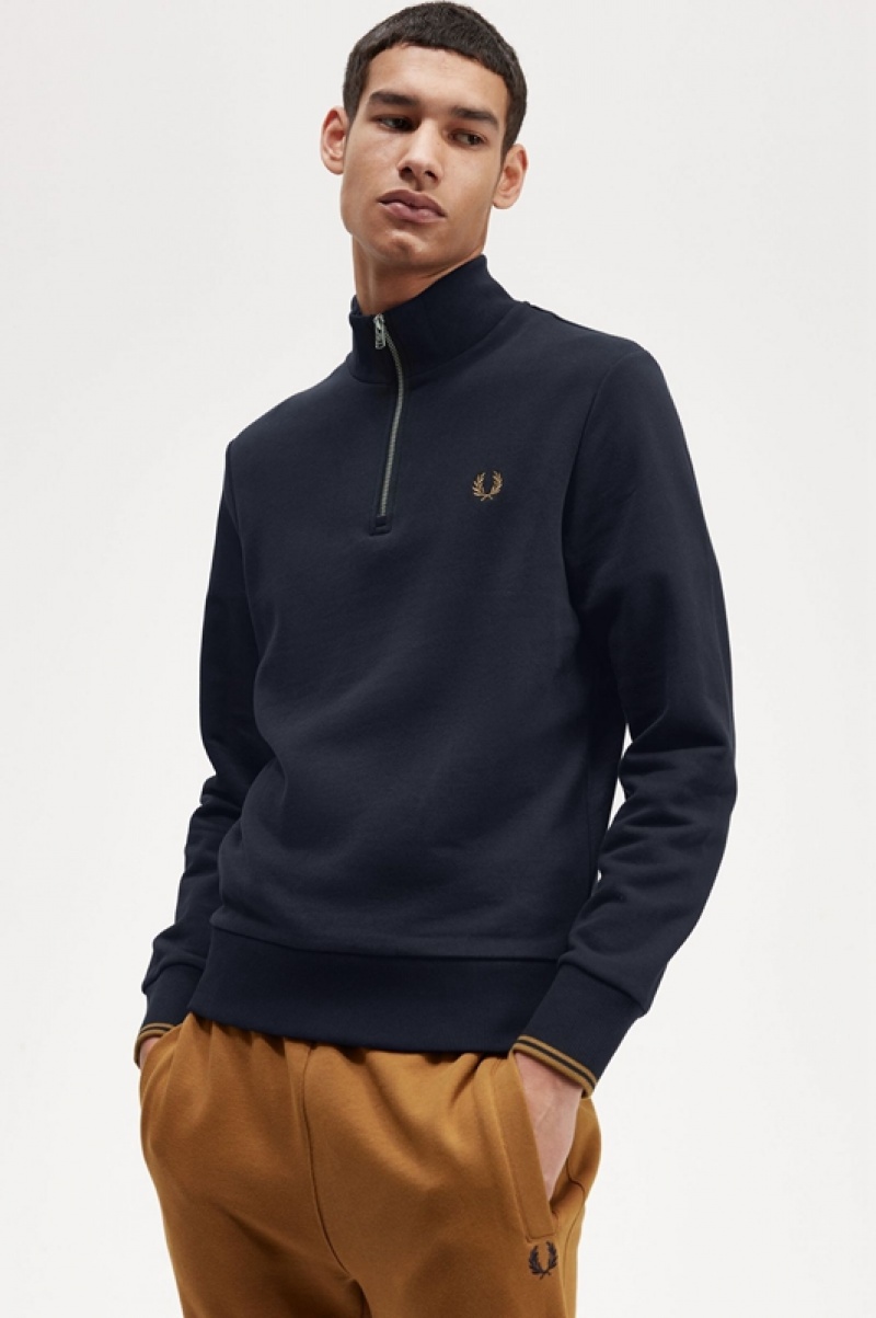 Fred Perry Half Zip Men's Sweatshirts Navy | RKH-580426