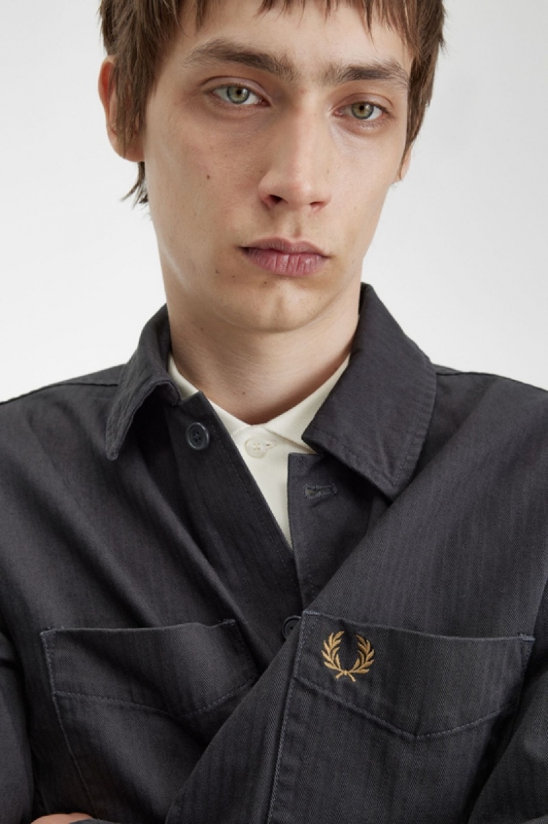 Fred Perry Herringbone Men's Shirts Grey | WGM-182056