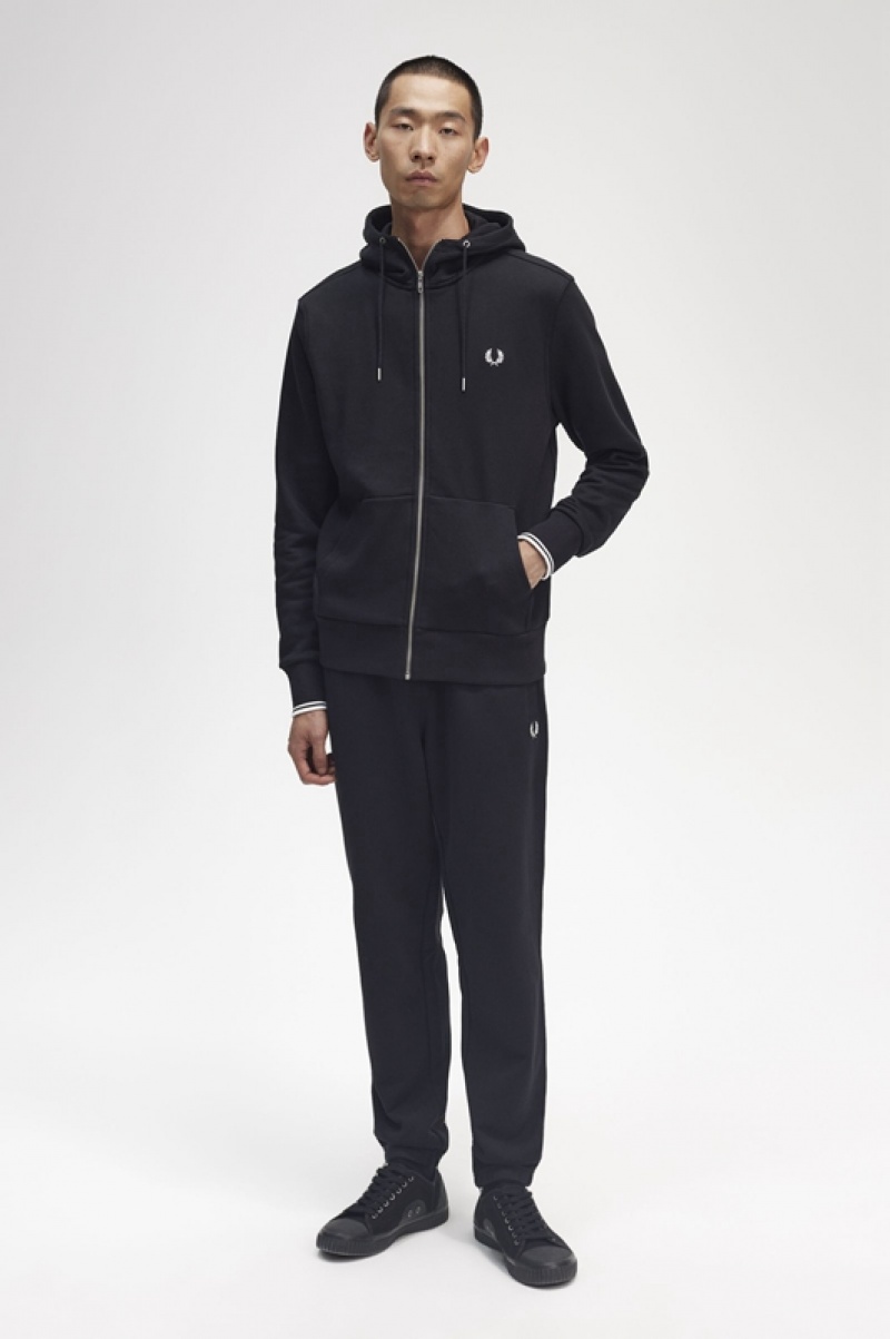 Fred Perry Hooded Zip Through Men's Sweatshirts Black | ZTG-259487