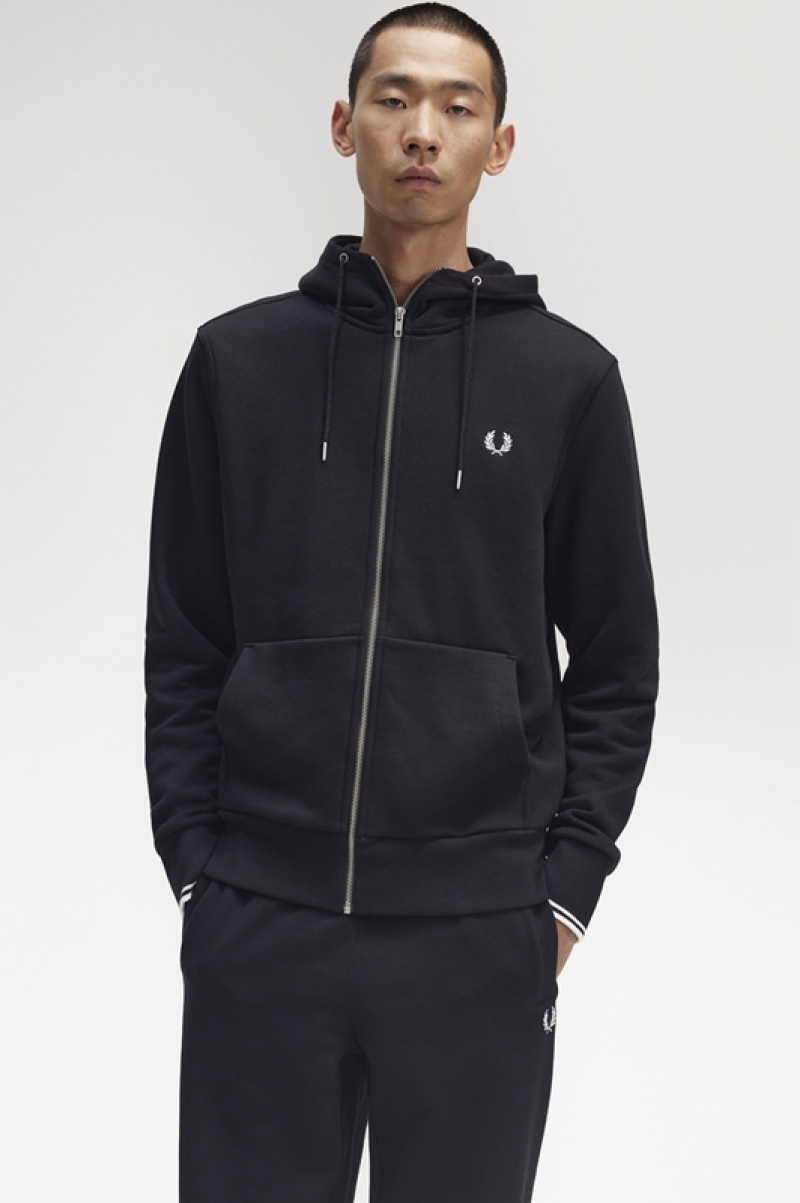 Fred Perry Hooded Zip Through Men's Sweatshirts Black | ZTG-259487