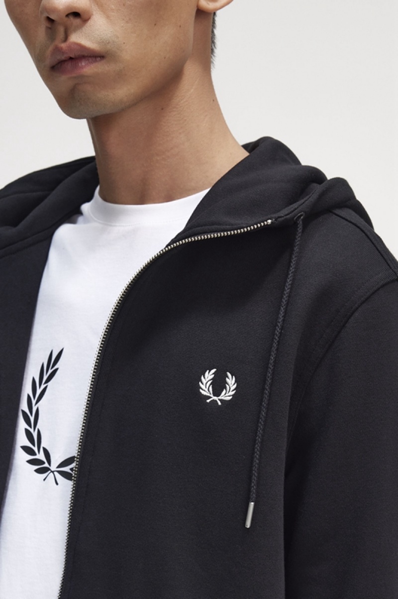 Fred Perry Hooded Zip Through Men's Sweatshirts Black | ZTG-259487