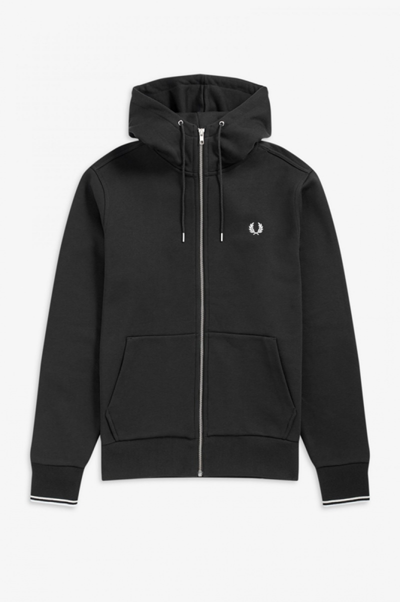 Fred Perry Hooded Zip Through Men's Sweatshirts Black | ZTG-259487