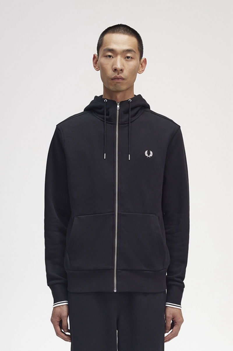 Fred Perry Hooded Zip Through Men\'s Sweatshirts Black | ZTG-259487