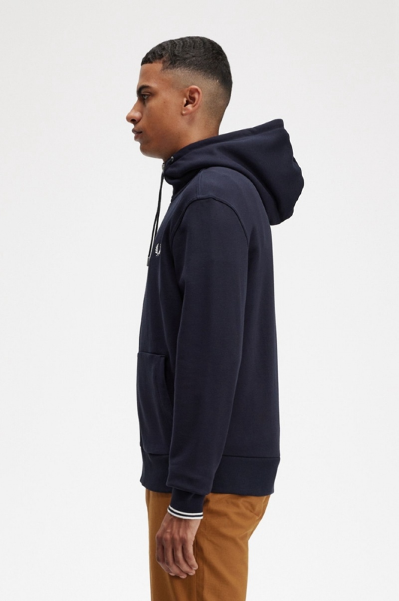 Fred Perry Hooded Zip Through Men's Sweatshirts Navy | XYH-875149