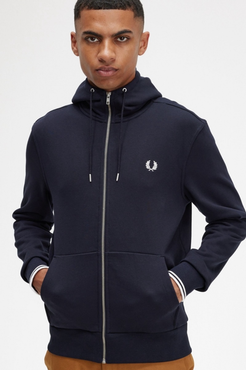 Fred Perry Hooded Zip Through Men's Sweatshirts Navy | XYH-875149