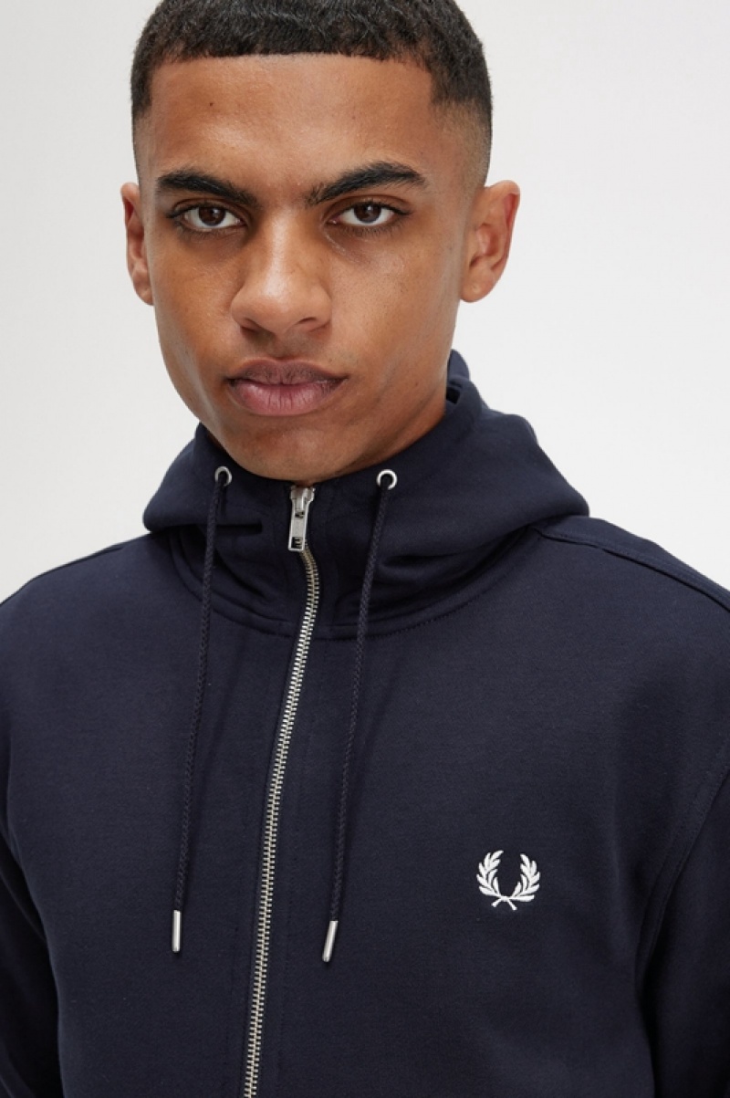 Fred Perry Hooded Zip Through Men's Sweatshirts Navy | XYH-875149