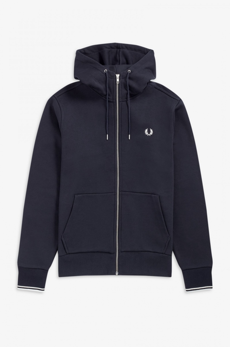 Fred Perry Hooded Zip Through Men's Sweatshirts Navy | XYH-875149