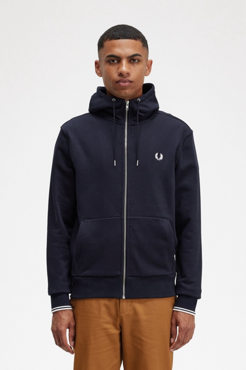 Fred Perry Hooded Zip Through Men\'s Sweatshirts Navy | XYH-875149