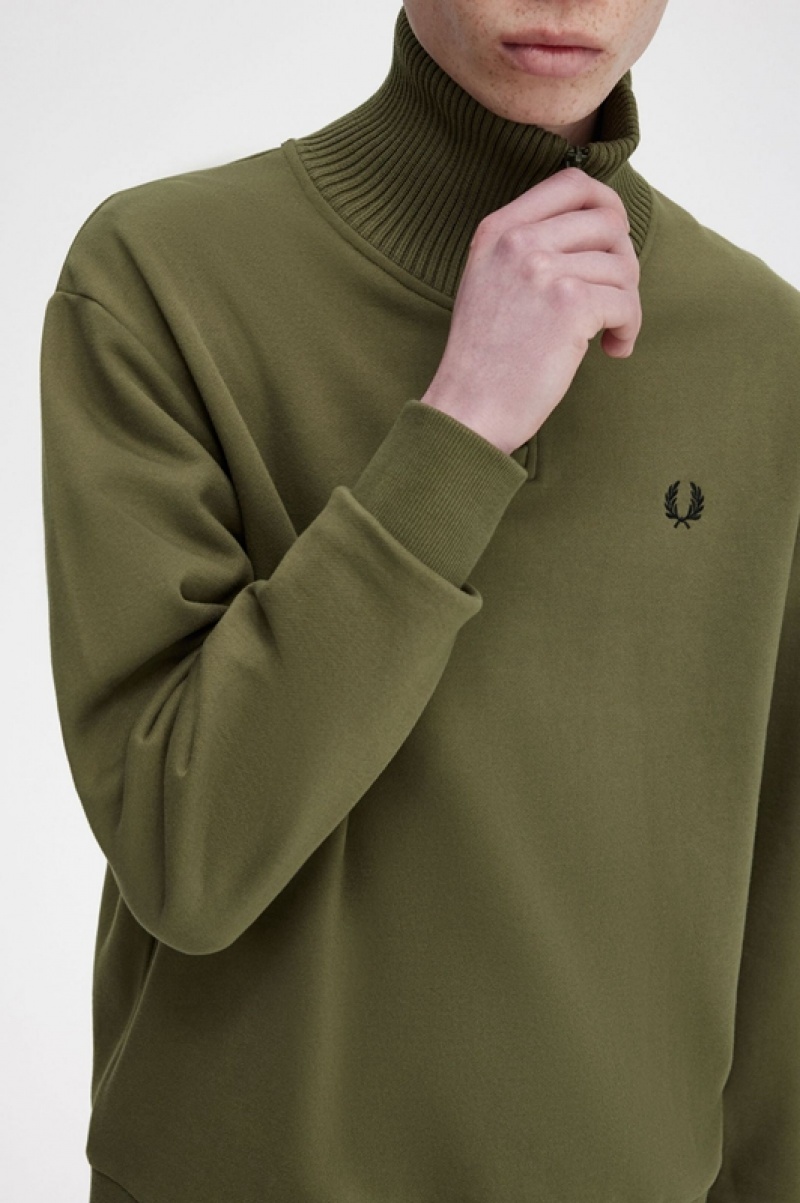 Fred Perry Knitted Trim Zip Neck Men's Sweatshirts Green | HER-267498