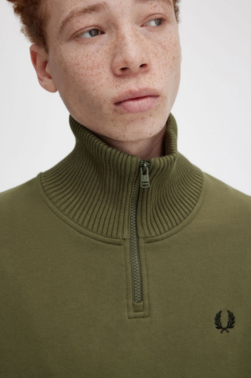 Fred Perry Knitted Trim Zip Neck Men's Sweatshirts Green | HER-267498