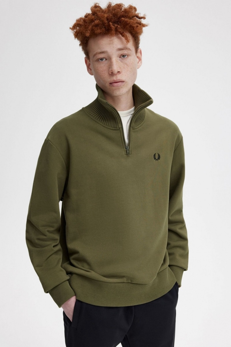 Fred Perry Knitted Trim Zip Neck Men's Sweatshirts Green | HER-267498