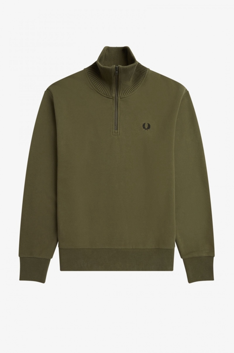 Fred Perry Knitted Trim Zip Neck Men's Sweatshirts Green | HER-267498