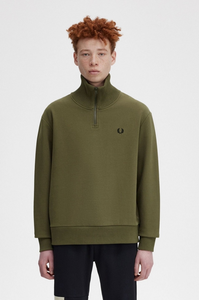 Fred Perry Knitted Trim Zip Neck Men\'s Sweatshirts Green | HER-267498