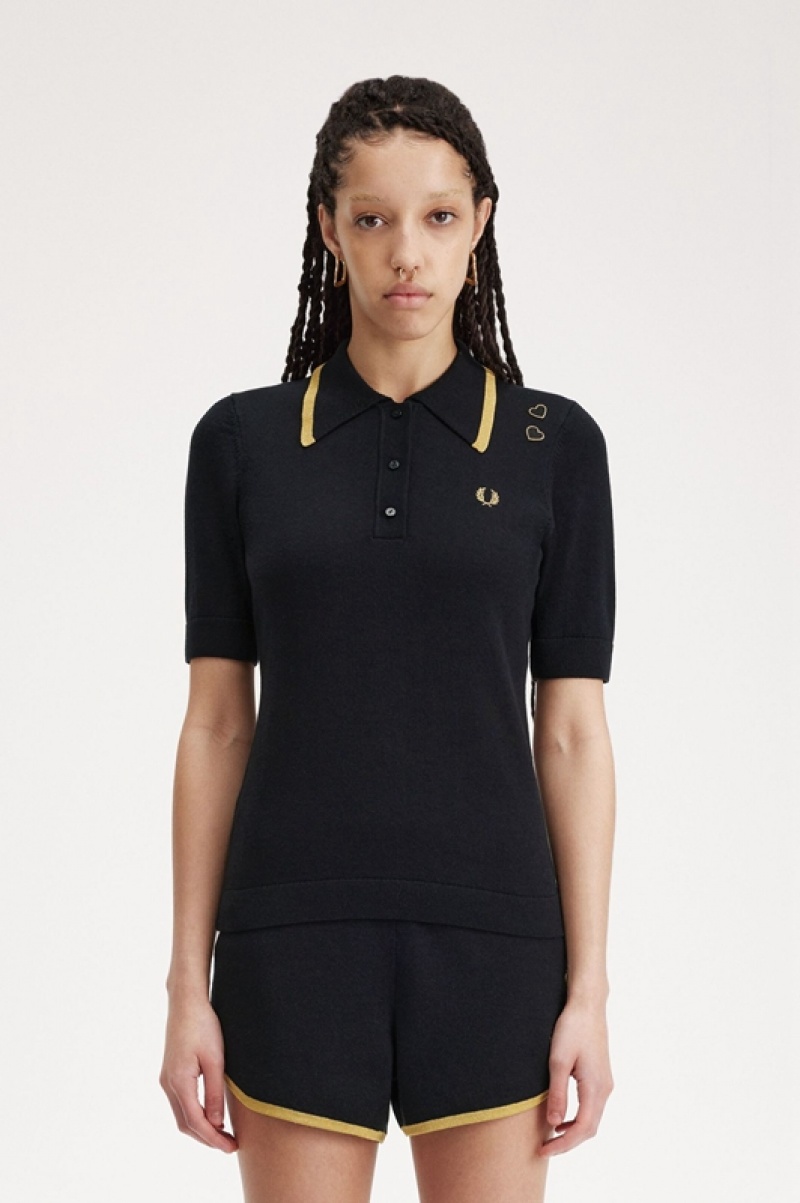 Fred Perry Knitted Women\'s Shirts Black | PDR-058469