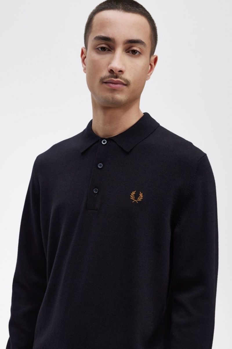 Fred Perry Long Sleeve Knitted Men's Shirts Navy | ZXF-205836