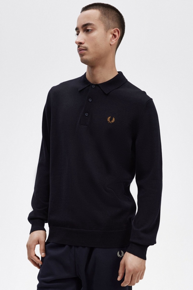 Fred Perry Long Sleeve Knitted Men's Shirts Navy | ZXF-205836