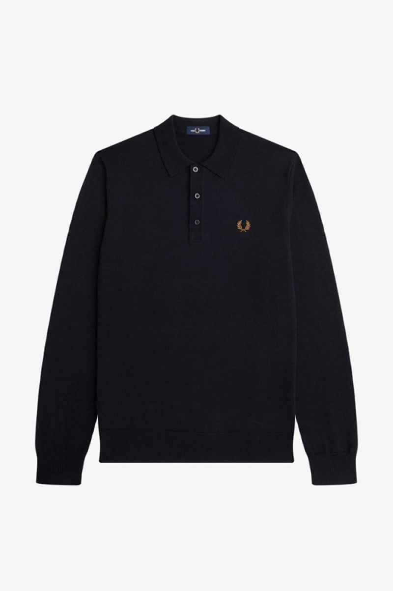 Fred Perry Long Sleeve Knitted Men's Shirts Navy | ZXF-205836