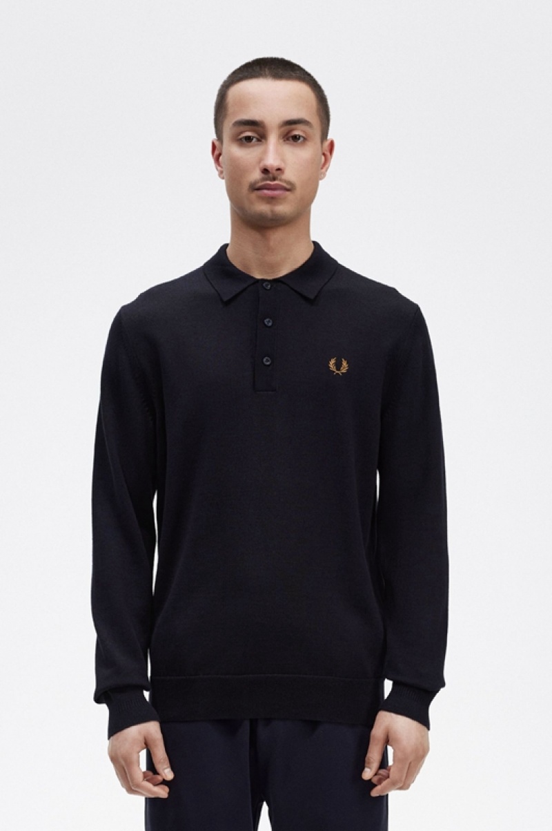 Fred Perry Long Sleeve Knitted Men\'s Shirts Navy | ZXF-205836