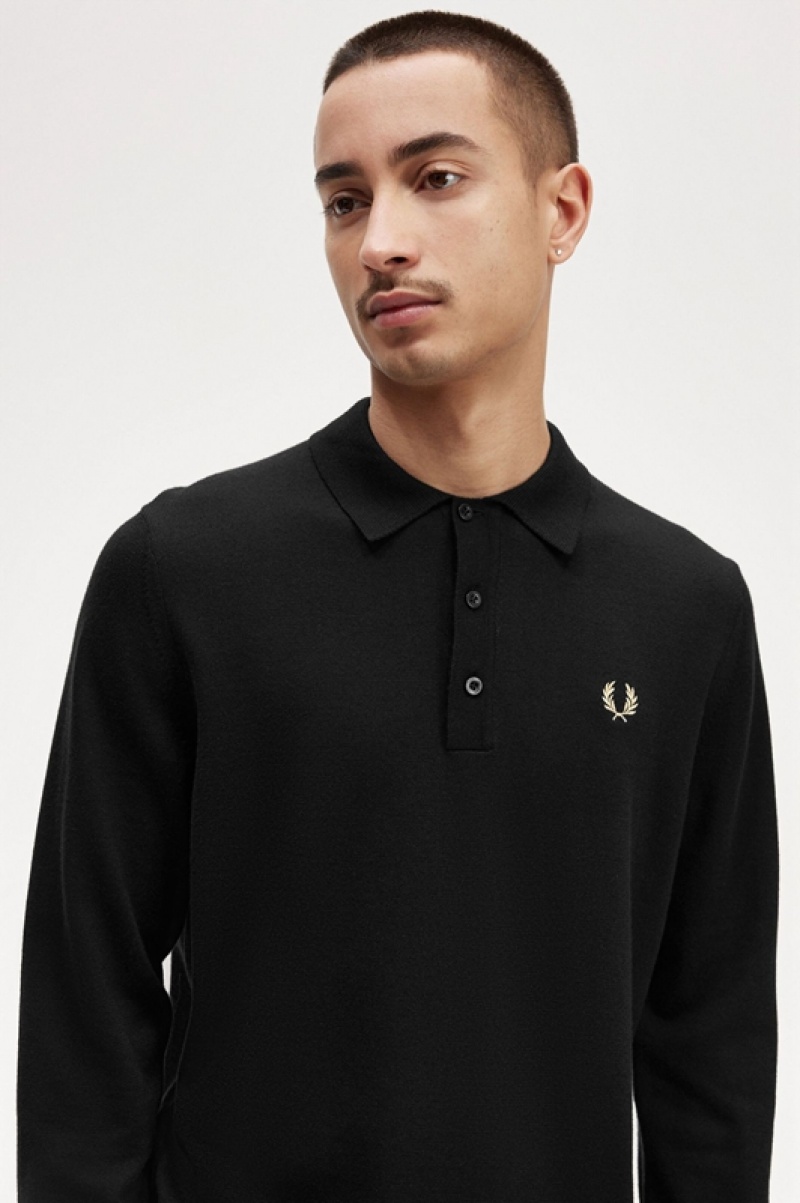 Fred Perry Long Sleeve Knitted Men's Shirts Black | UWG-481705